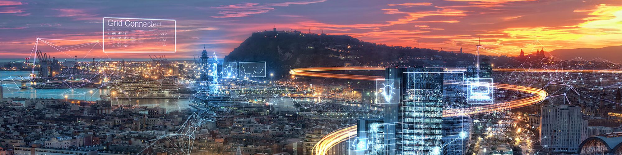 Digital graphics running through a city skyline.