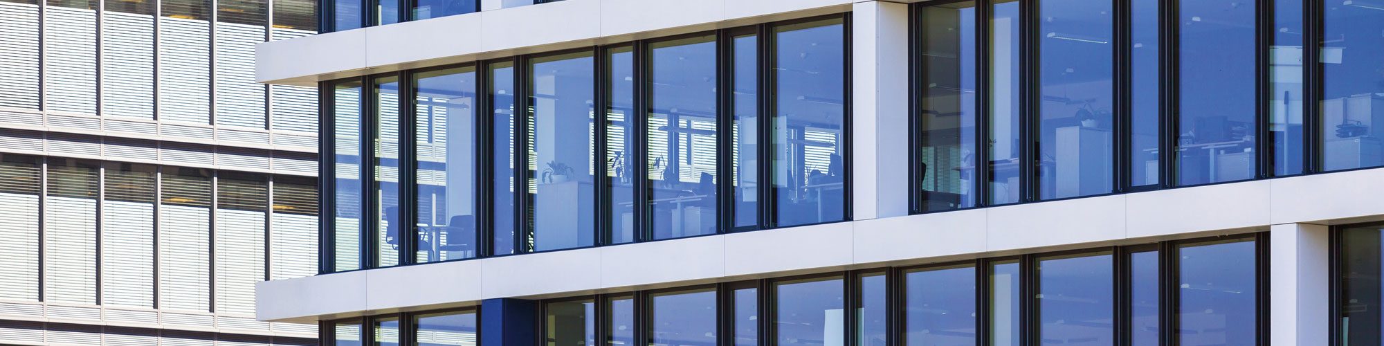 Close up view of an office building window.