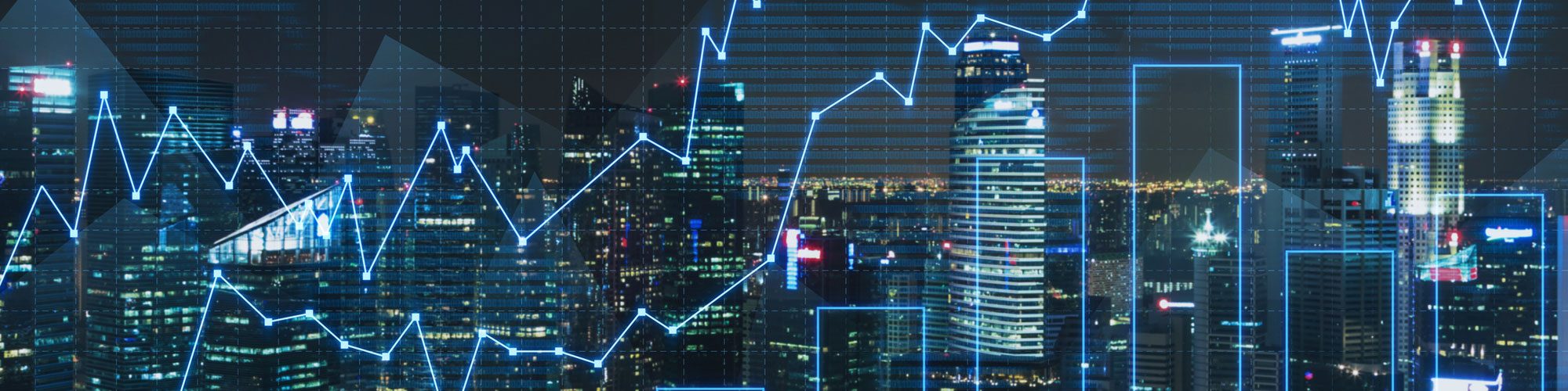 Energy analytics displayed over the top of a night sky photo of a city skyline.